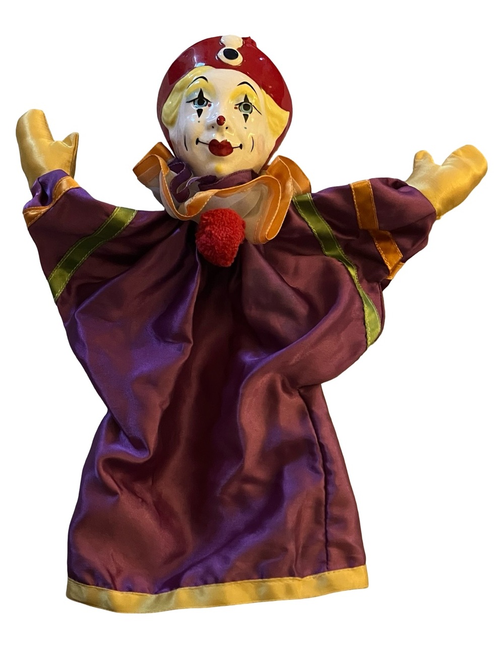 VTG Clown Hand Puppet Porcelain Head Satin Dress Purple Plush Hands Circus Faire